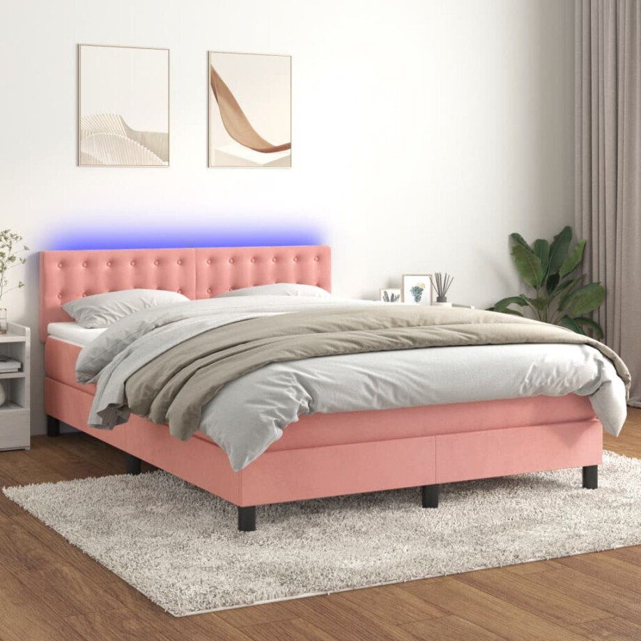 vidaXL Boxspring met matras en LED fluweel roze 140x200 cm afbeelding 1