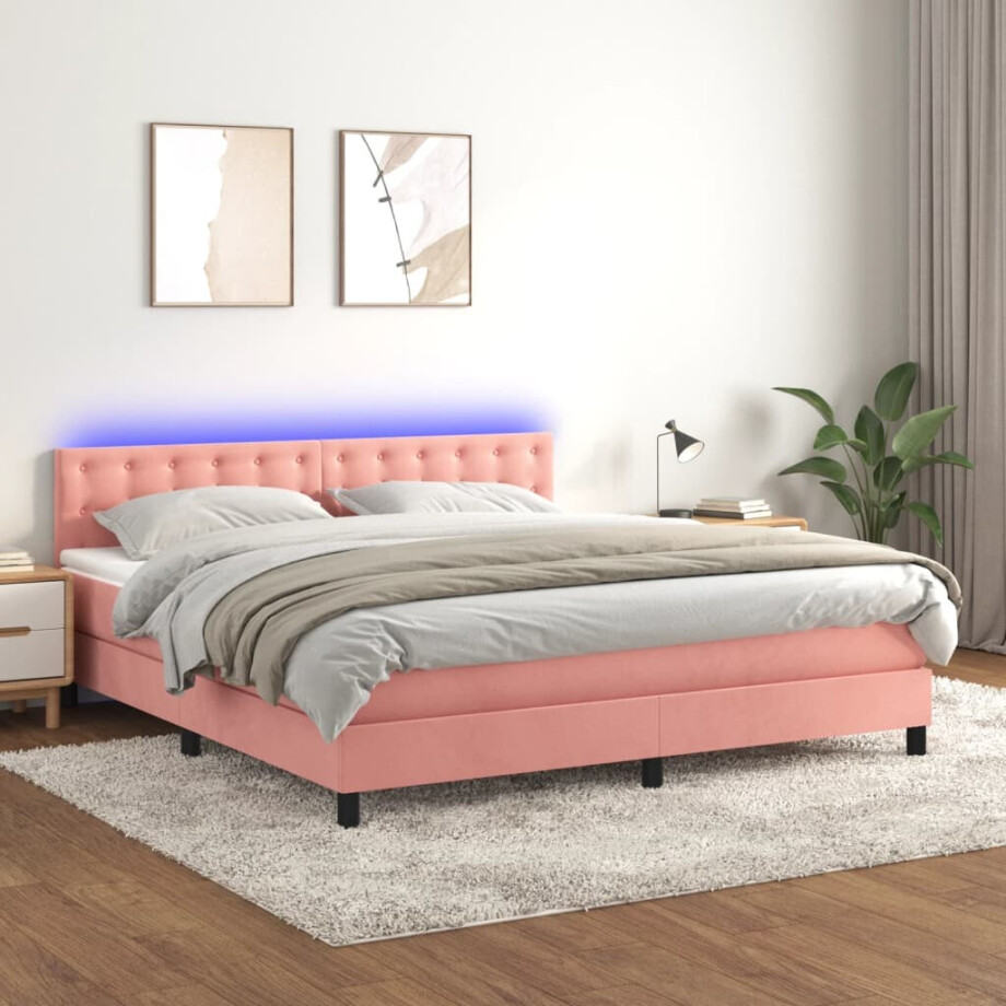 vidaXL Boxspring met matras en LED fluweel roze 160x200 cm afbeelding 1