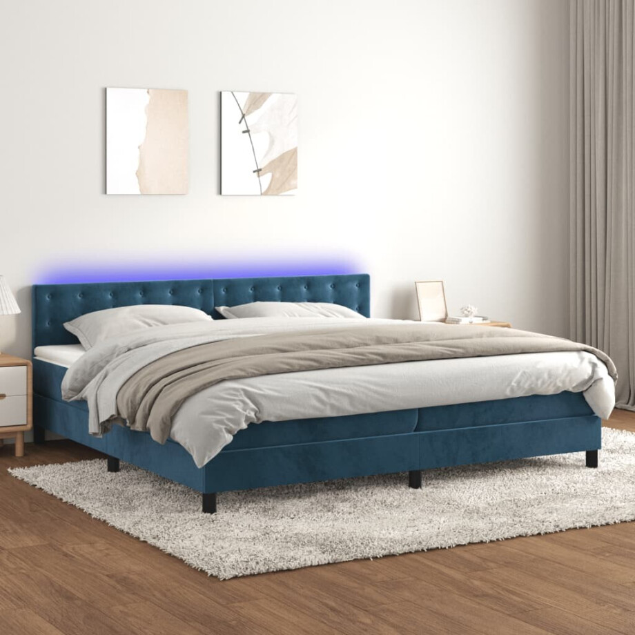 vidaXL Boxspring met matras en LED fluweel donkerblauw 200x200 cm afbeelding 1