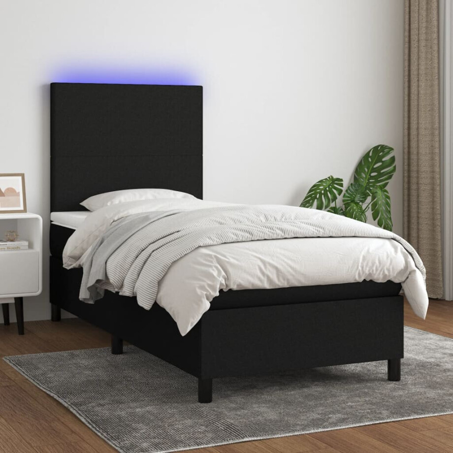 vidaXL Boxspring met matras en LED stof zwart 90x200 cm afbeelding 1