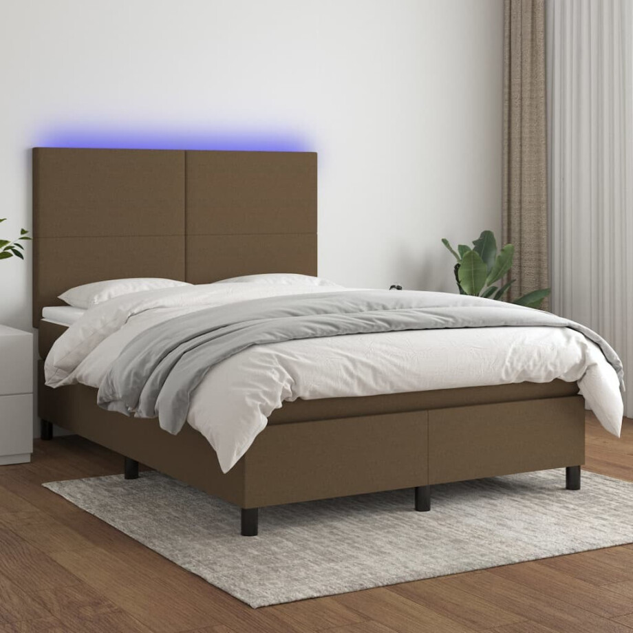 vidaXL Boxspring met matras en LED stof donkerbruin 140x200 cm vidaXL Boxspring met matras en LED stof donkerbruin 140x200 cm afbeelding 1