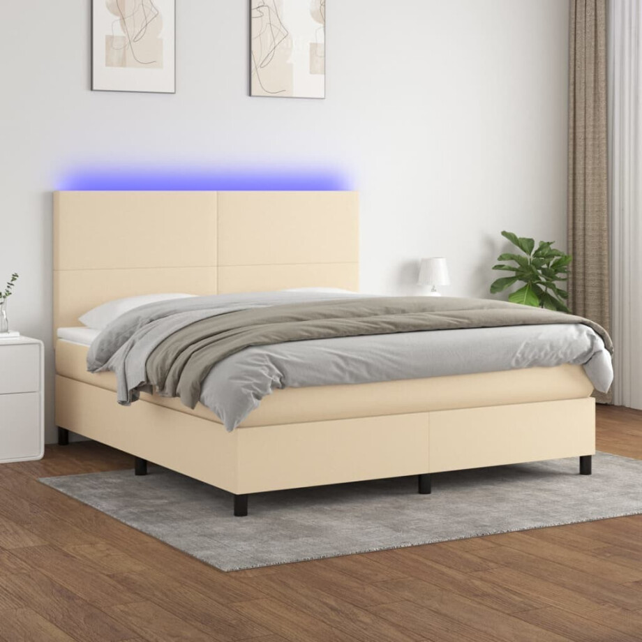 vidaXL Boxspring met matras en LED stof crèmekleurig 160x200 cm vidaXL Boxspring met matras en LED stof crèmekleurig 160x200 cm afbeelding 1