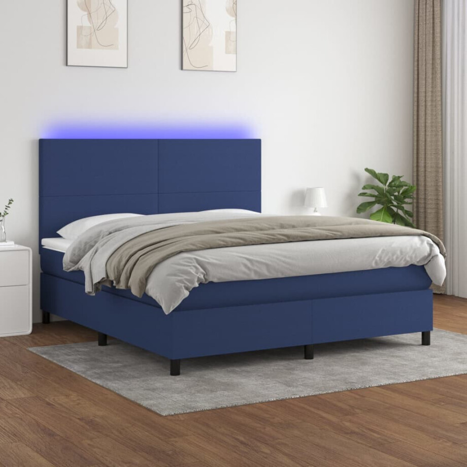 vidaXL Boxspring met matras en LED stof blauw 160x200 cm afbeelding 1