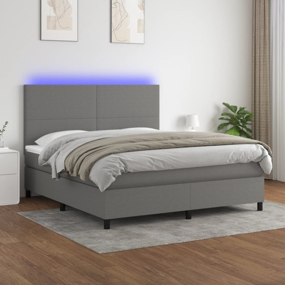 vidaXL Boxspring met matras en LED stof donkergrijs 180x200 cm vidaXL Boxspring met matras en LED stof donkergrijs 180x200 cm afbeelding 1