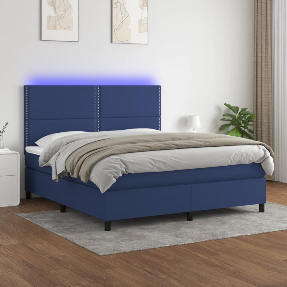 vidaXL Boxspring met matras en LED stof blauw 180x200 cm afbeelding 1