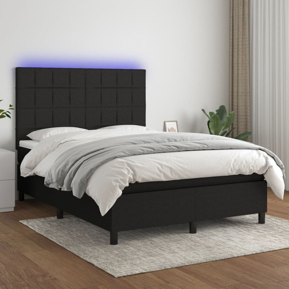 vidaXL Boxspring met matras en LED stof zwart 140x200 cm afbeelding 1