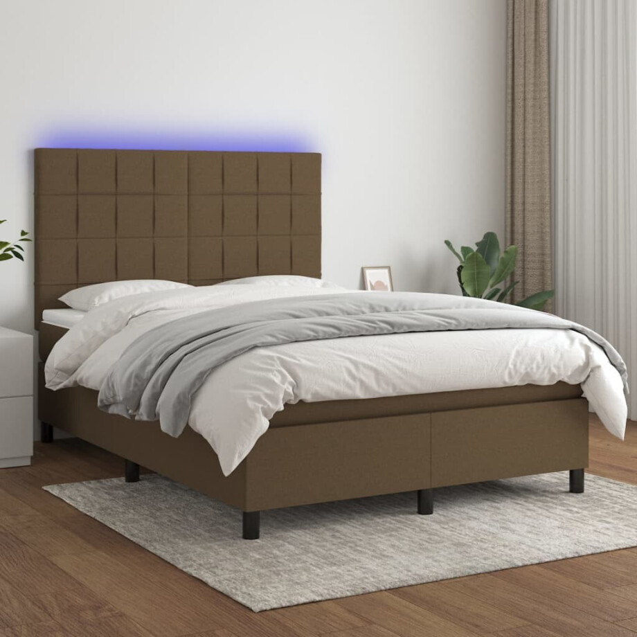vidaXL Boxspring met matras en LED stof donkerbruin 140x200 cm afbeelding 1