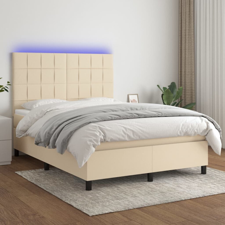 vidaXL Boxspring met matras en LED stof crèmekleurig 140x200 cm afbeelding 1