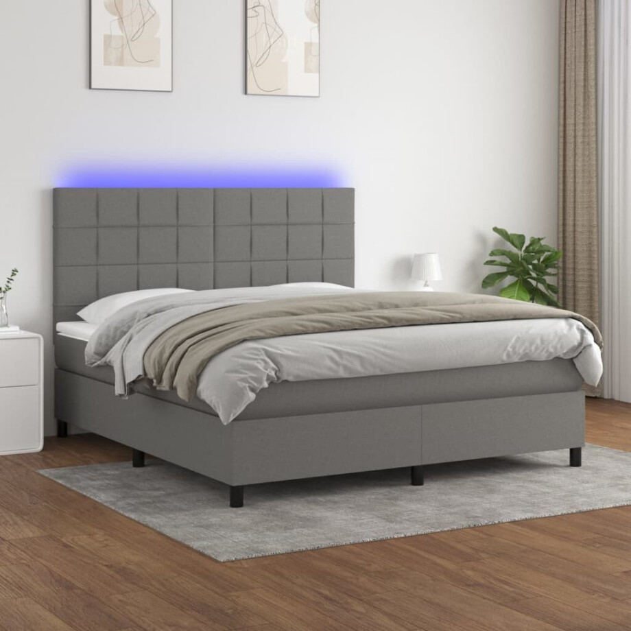 vidaXL Boxspring met matras en LED stof donkergrijs 160x200 cm afbeelding 1