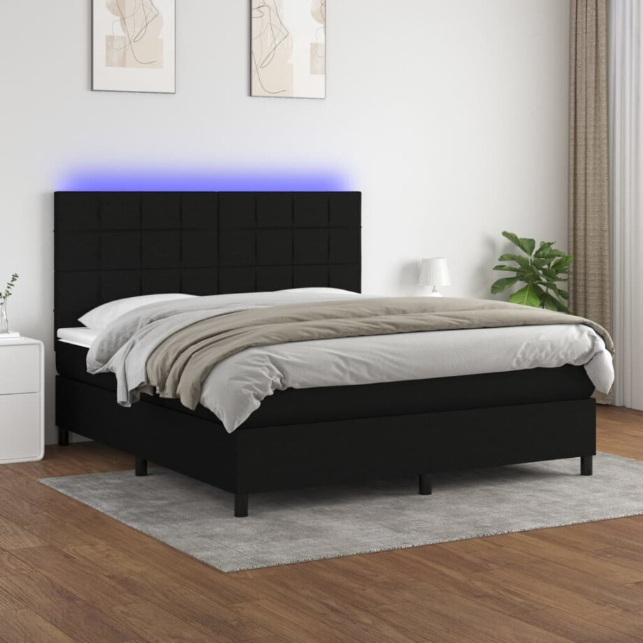 vidaXL Boxspring met matras en LED stof zwart 160x200 cm afbeelding 1