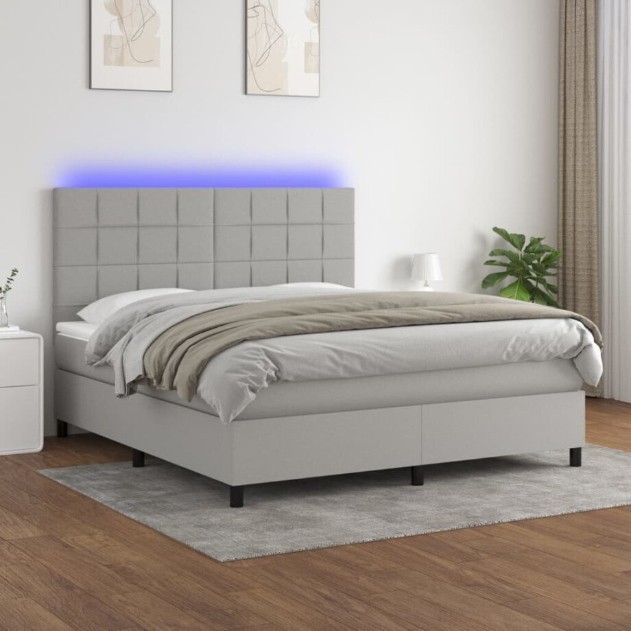 vidaXL Boxspring met matras en LED stof lichtgrijs 180x200 cm afbeelding 1