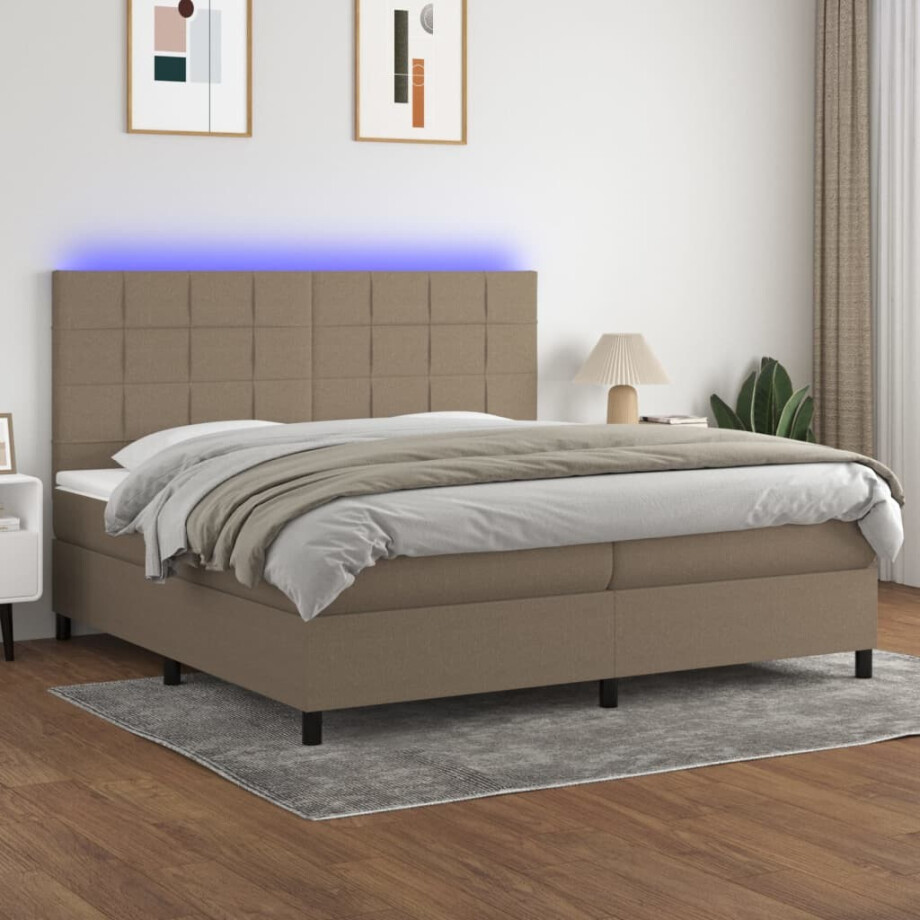 vidaXL Boxspring met matras en LED stof taupe 200x200 cm afbeelding 1
