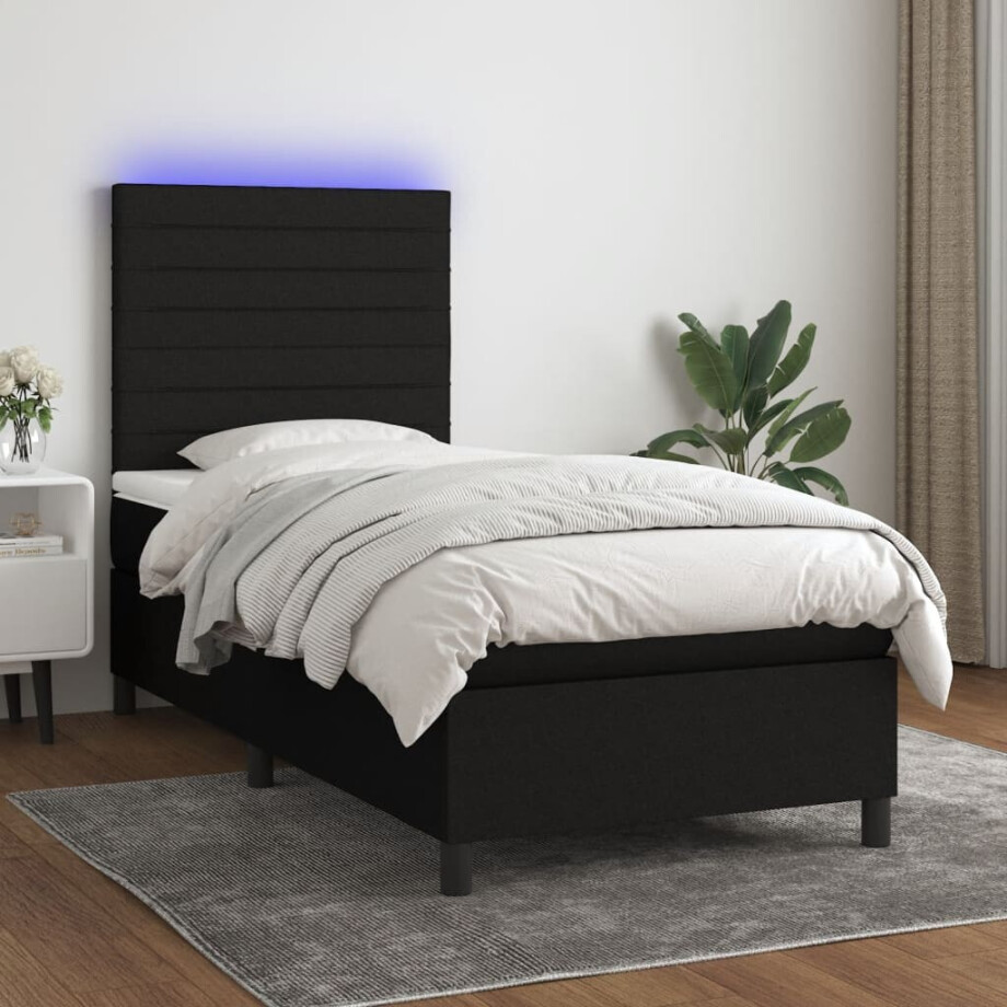 vidaXL Boxspring met matras en LED stof zwart 90x200 cm afbeelding 1