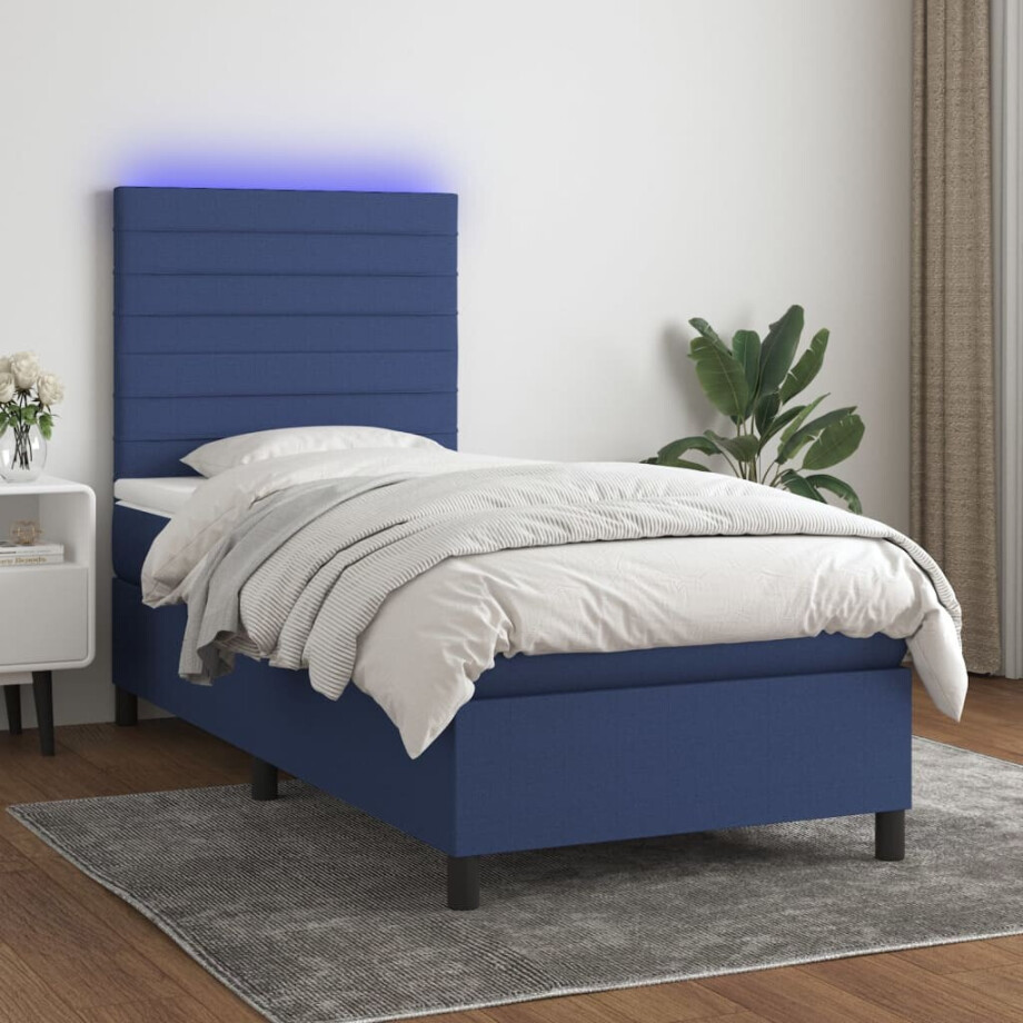 vidaXL Boxspring met matras en LED stof blauw 90x200 cm afbeelding 1
