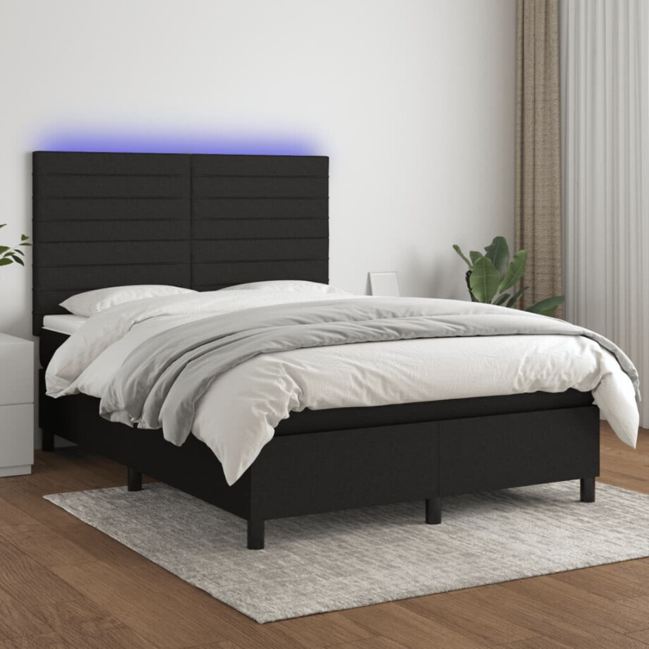 vidaXL Boxspring met matras en LED stof zwart 140x190 cm afbeelding 1