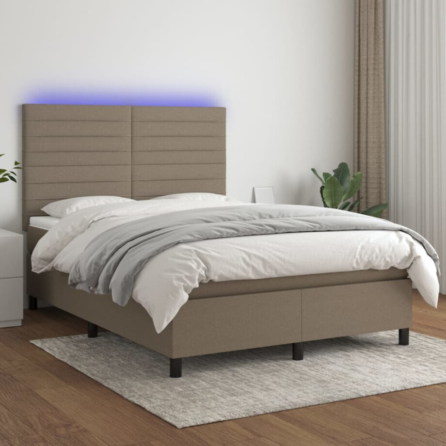 vidaXL Boxspring met matras en LED stof taupe 140x190 cm afbeelding 1