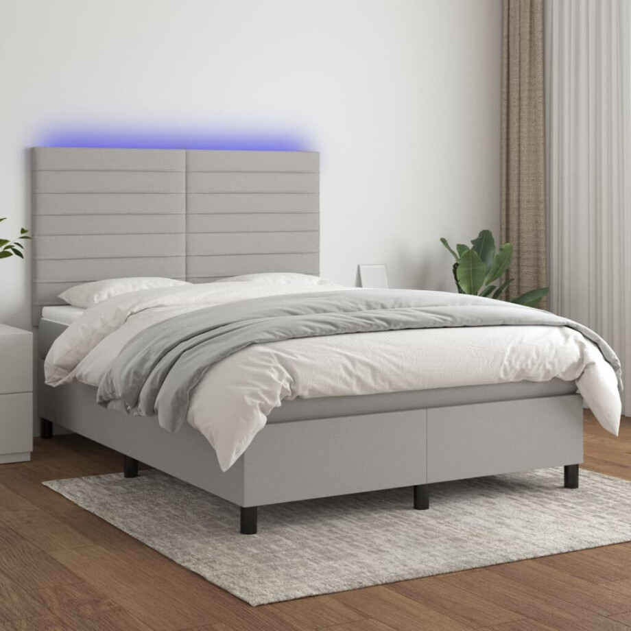 vidaXL Boxspring met matras en LED stof lichtgrijs 140x200 cm afbeelding 1
