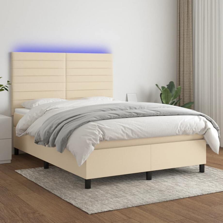 vidaXL Boxspring met matras en LED stof crèmekleurig 140x200 cm afbeelding 1