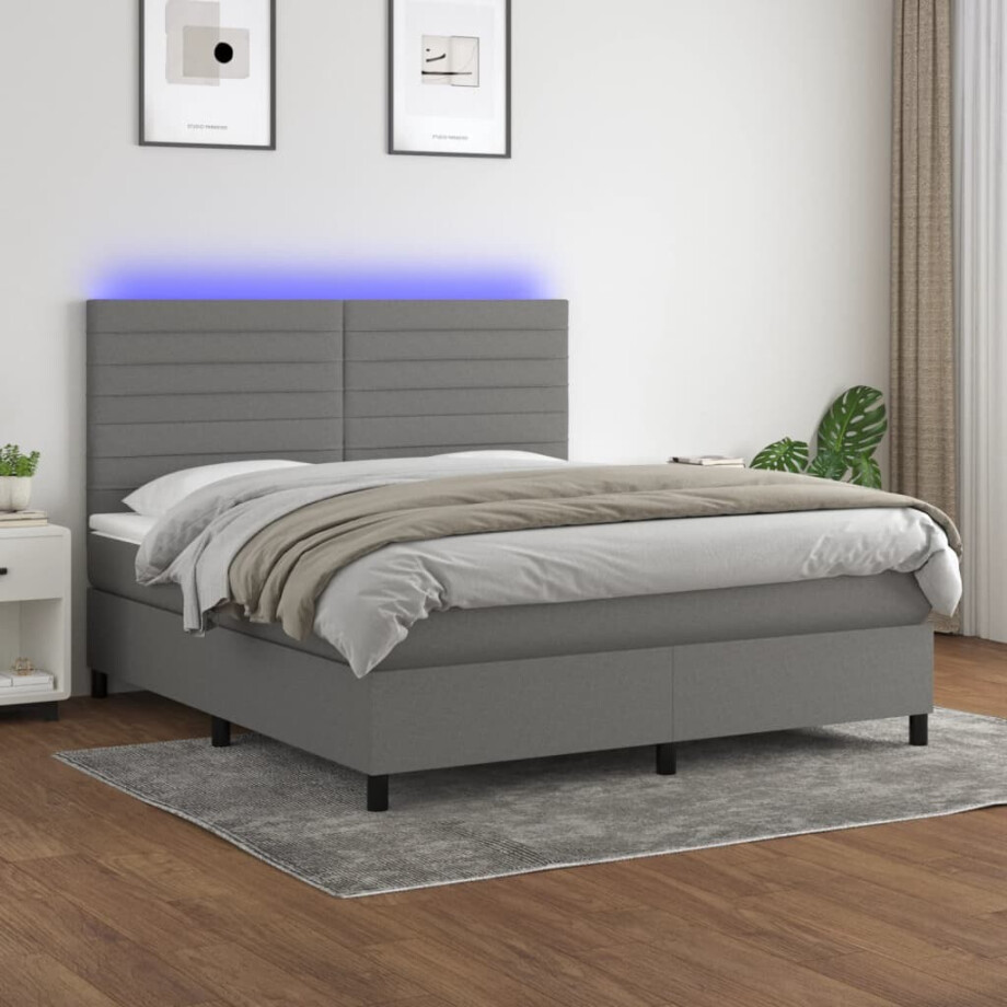 vidaXL Boxspring met matras en LED stof donkergrijs 160x200 cm afbeelding 1