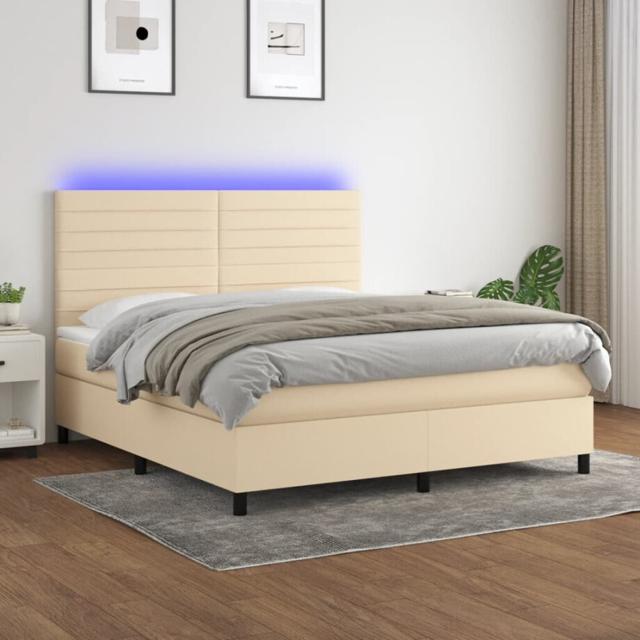 vidaXL Boxspring met matras en LED stof crèmekleurig 180x200 cm afbeelding 1