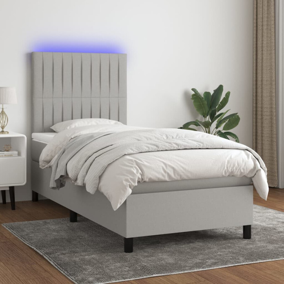 vidaXL Boxspring met matras en LED stof lichtgrijs 90x190 cm vidaXL Boxspring met matras en LED stof lichtgrijs 90x190 cm afbeelding 1