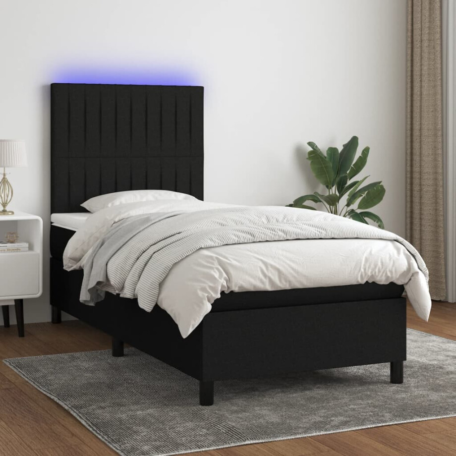 vidaXL Boxspring met matras en LED stof zwart 90x200 cm afbeelding 1
