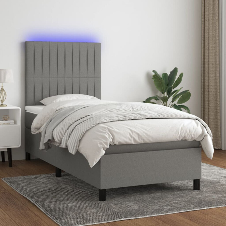 vidaXL Boxspring met matras en LED stof donkergrijs 100x200 cm afbeelding 1