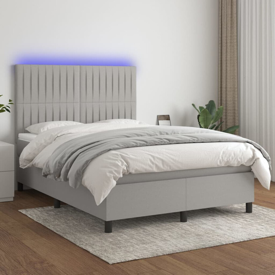 vidaXL Boxspring met matras en LED stof lichtgrijs 140x190 cm afbeelding 1