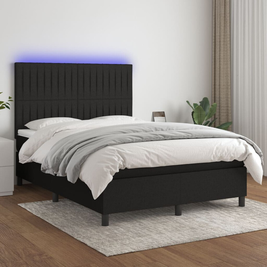 vidaXL Boxspring met matras en LED stof zwart 140x190 cm afbeelding 1