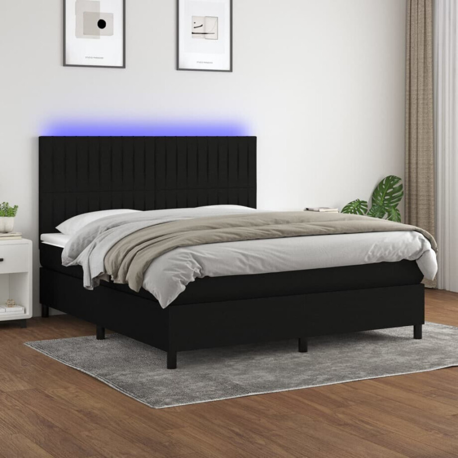 vidaXL Boxspring met matras en LED stof zwart 160x200 cm afbeelding 1