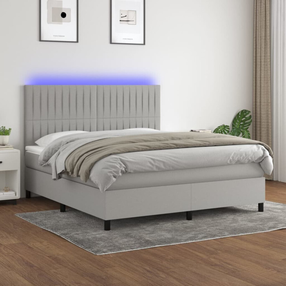 vidaXL Boxspring met matras en LED stof lichtgrijs 180x200 cm afbeelding 1