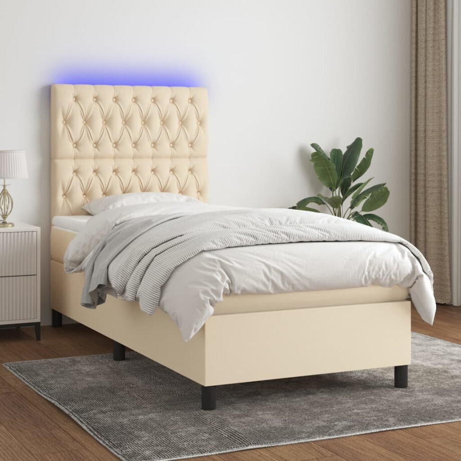 vidaXL Boxspring met matras en LED stof crèmekleurig 80x200 cm afbeelding 1