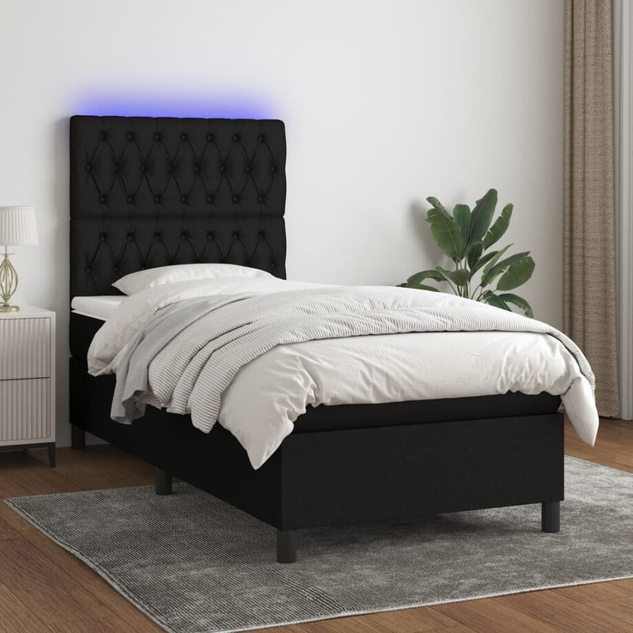 vidaXL Boxspring met matras en LED stof zwart 90x200 cm afbeelding 1