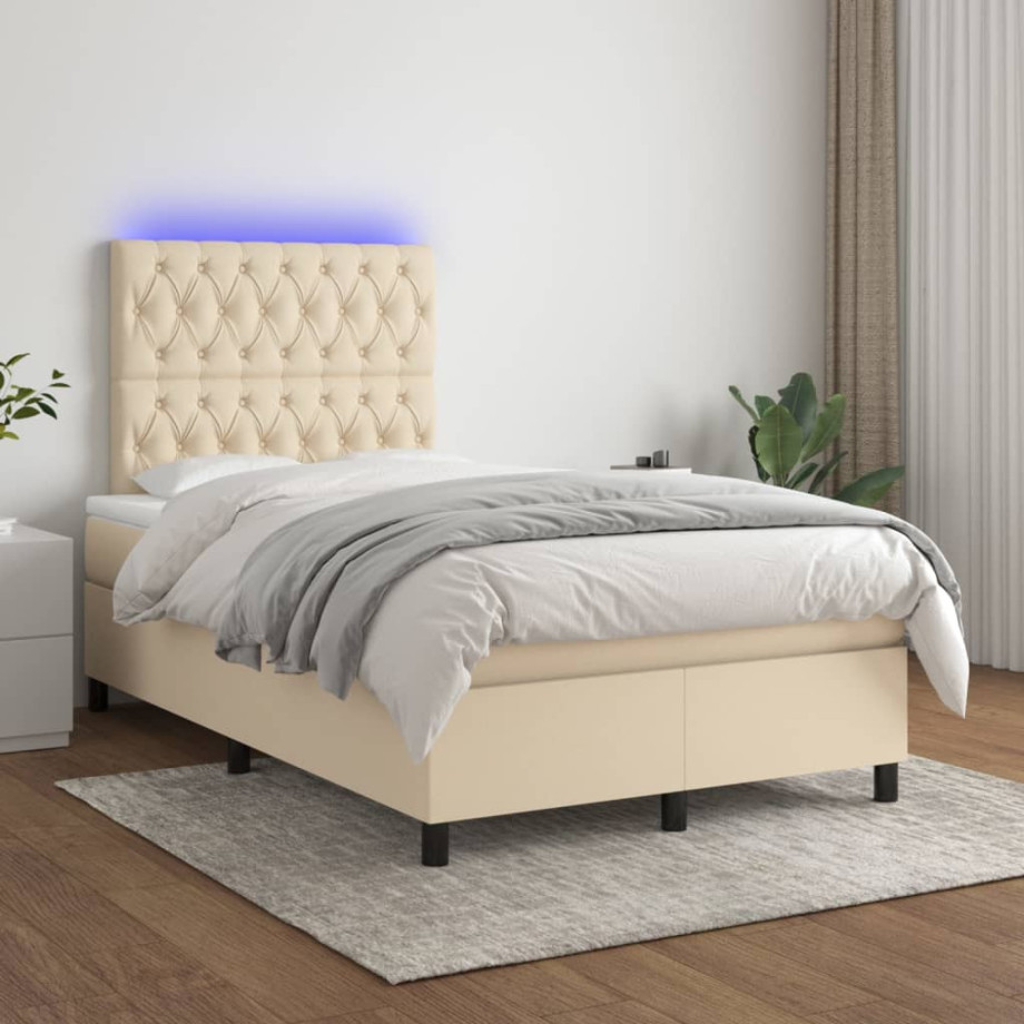 vidaXL Boxspring met matras en LED stof crèmekleurig 120x200 cm afbeelding 1