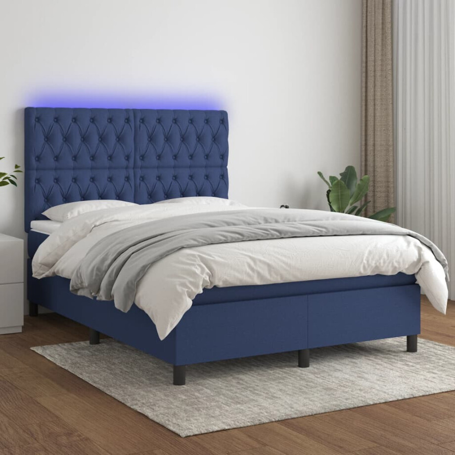 vidaXL Boxspring met matras en LED stof blauw 140x190 cm afbeelding 1