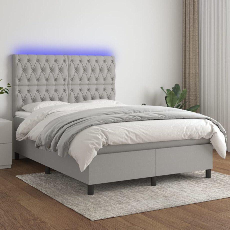 vidaXL Boxspring met matras en LED stof lichtgrijs 140x200 cm afbeelding 1