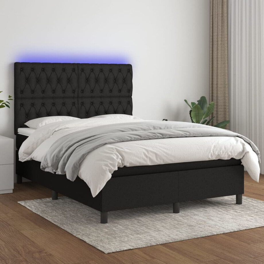 vidaXL Boxspring met matras en LED stof zwart 140x200 cm afbeelding 1