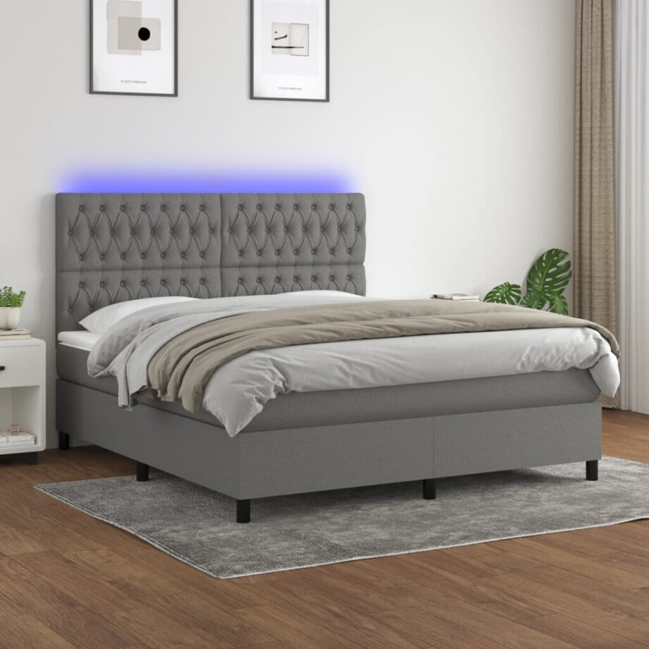 vidaXL Boxspring met matras en LED stof donkergrijs 160x200 cm afbeelding 1