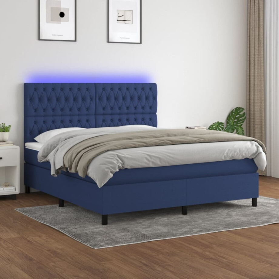 vidaXL Boxspring met matras en LED stof blauw 160x200 cm afbeelding 1