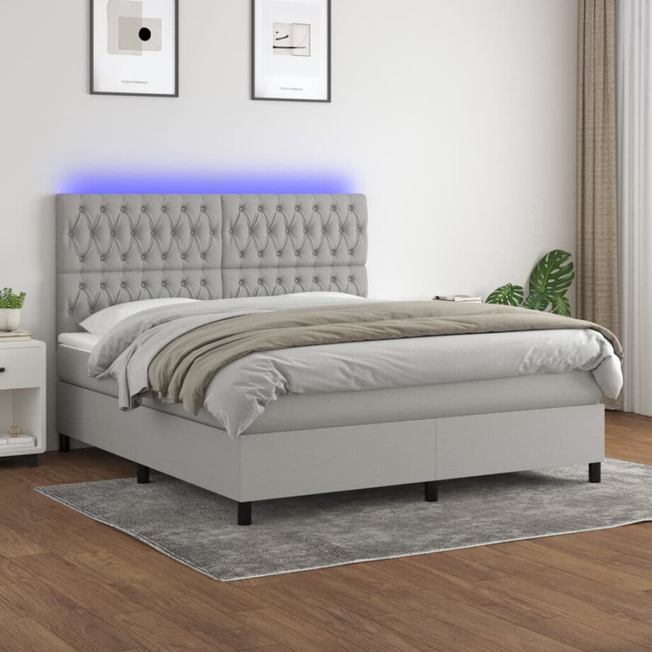 vidaXL Boxspring met matras en LED stof lichtgrijs 180x200 cm afbeelding 1