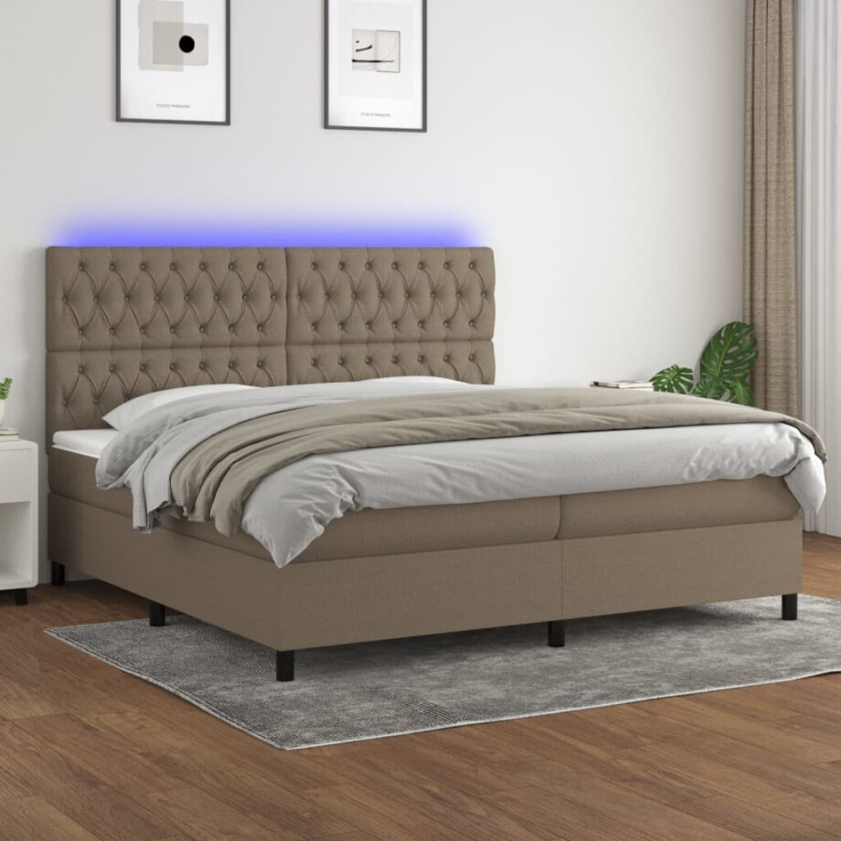vidaXL Boxspring met matras en LED stof taupe 200x200 cm afbeelding 1