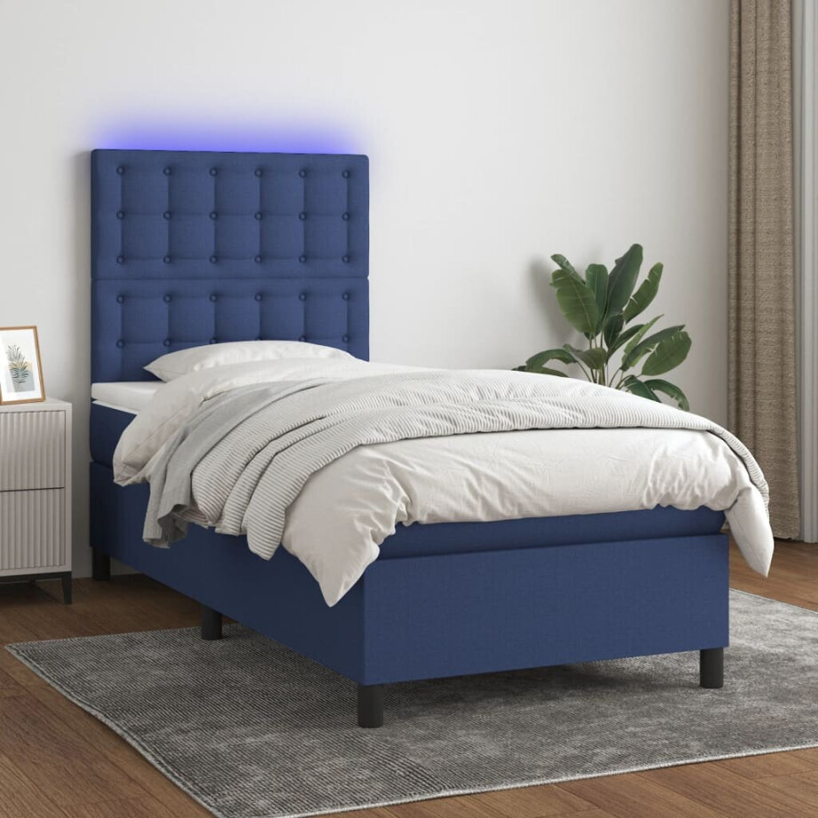 vidaXL Boxspring met matras en LED stof blauw 90x200 cm afbeelding 1