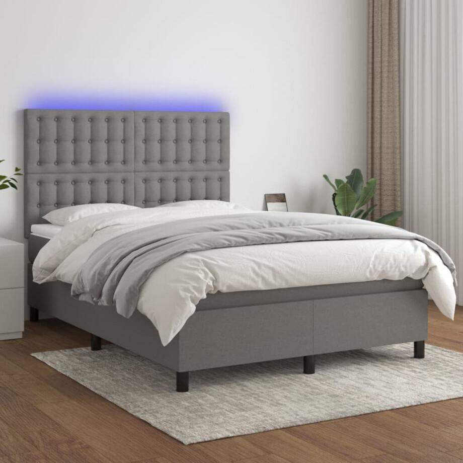 vidaXL Boxspring met matras en LED stof donkergrijs 140x200 cm vidaXL Boxspring met matras en LED stof donkergrijs 140x200 cm afbeelding 1