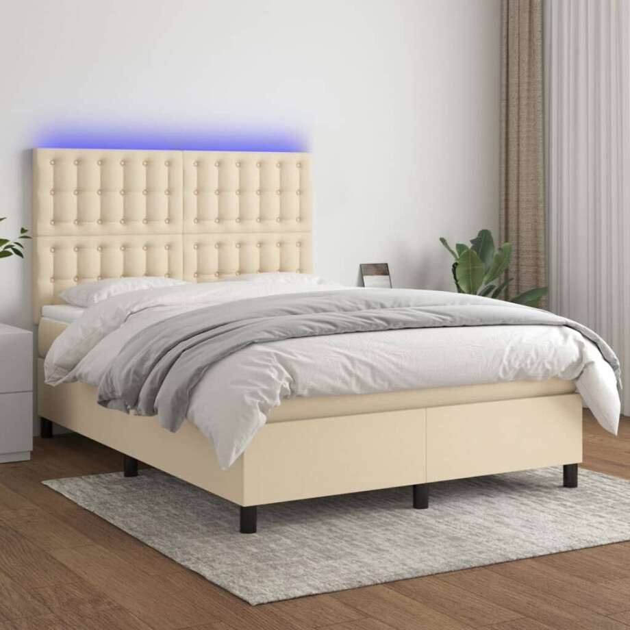vidaXL Boxspring met matras en LED stof crèmekleurig 140x200 cm afbeelding 1