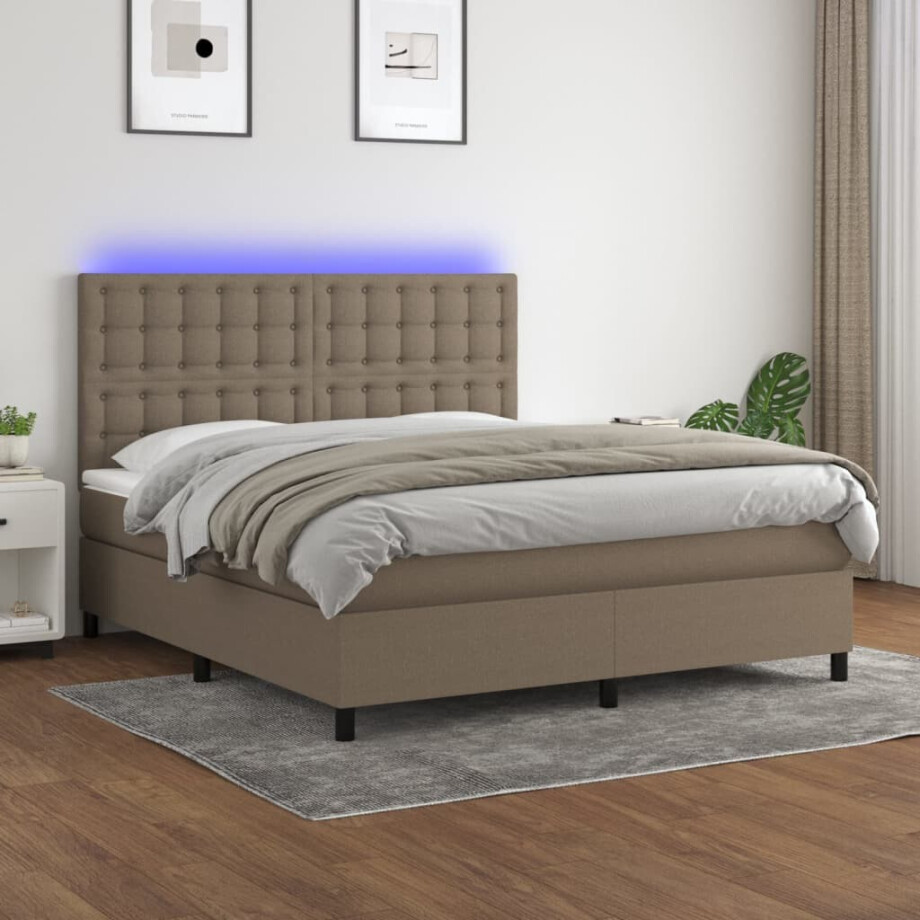 vidaXL Boxspring met matras en LED stof taupe 180x200 cm afbeelding 1