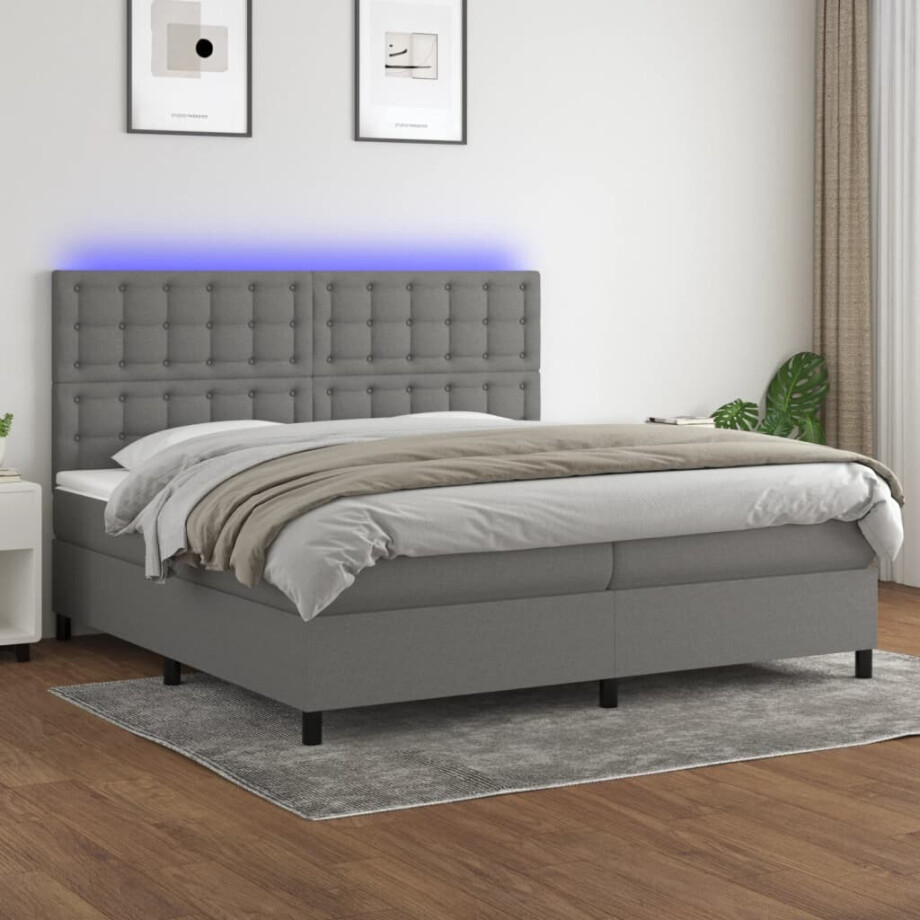 vidaXL Boxspring met matras en LED stof donkergrijs 200x200 cm afbeelding 1