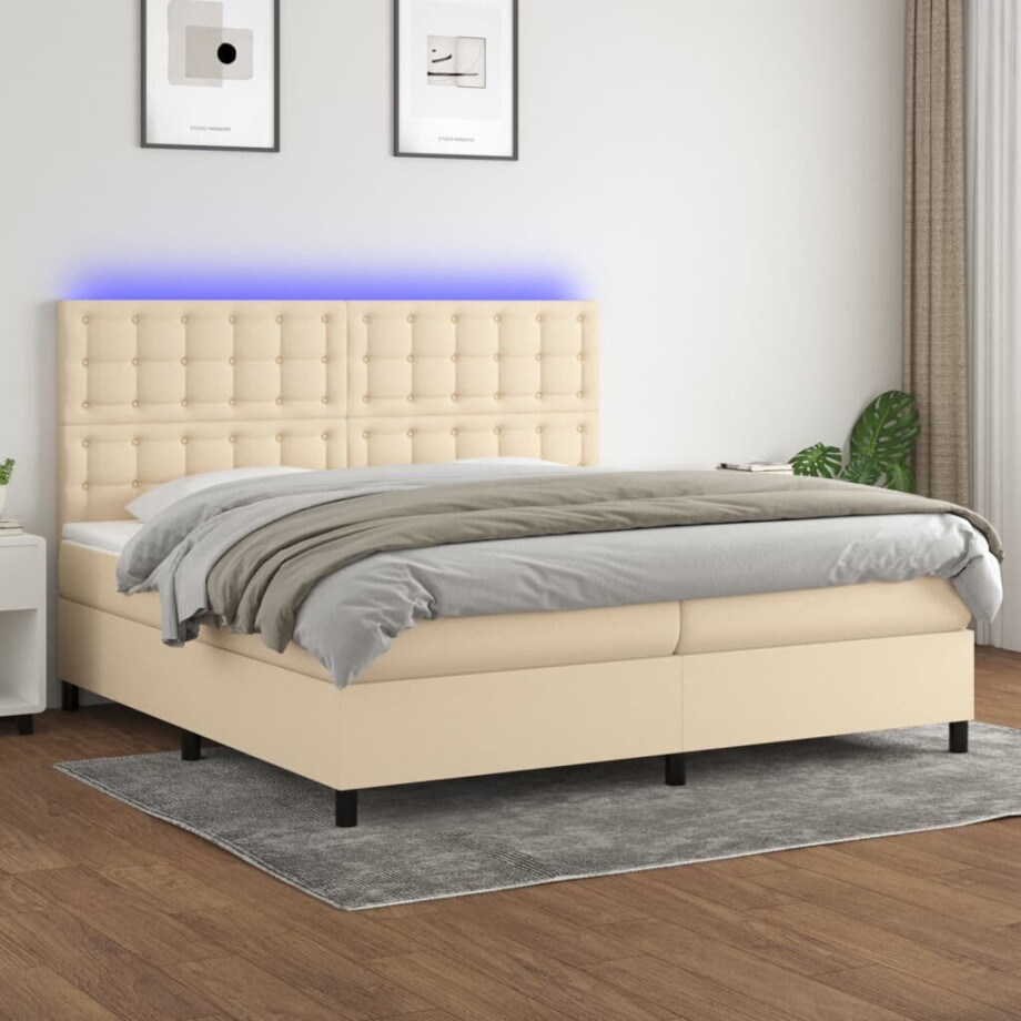 vidaXL Boxspring met matras en LED stof crèmekleurig 200x200 cm afbeelding 1