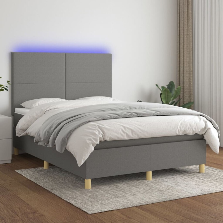 vidaXL Boxspring met matras en LED stof donkergrijs 140x190 cm afbeelding 1