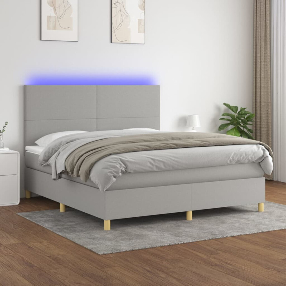 vidaXL Boxspring met matras en LED stof lichtgrijs 180x200 cm afbeelding 1