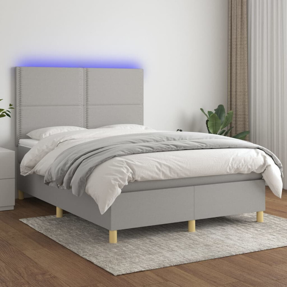 vidaXL Boxspring met matras en LED stof lichtgrijs 140x200 cm afbeelding 1